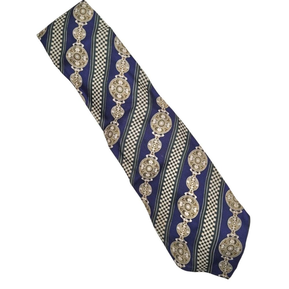 Bullock's Men's Navy Blue Gold Medallion Geometric Wide Necktie Vintage Preppy